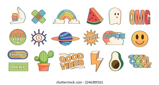 Sticker collection. Trendy geometric label with colorful retro design, cute modern hipster badges and patches with quote cartoon style. Vector isolated set of hipster trendy badge illustratioon