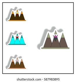 Sticker collection Vector illustration of volcano explosion between the mountains in sticky style