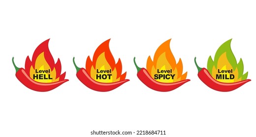 Sticker Collection Of Vector Spicy Food Grades, Pepper Sauce Or Spicy, Medium And Extra Spicy Food Grade Stickers. Hot Red Chili Icon Set With Fire And Spicy Rating.