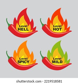 Sticker Collection Of Vector Spicy Food Grades, Pepper Sauce Or Spicy, Medium And Extra Spicy Food Grade Stickers. Hot Red Chili Icon Set With Fire And Spicy Rating.