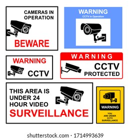 Sticker Collection warning of CCTV surveillance video security cameras. Vector illustration.