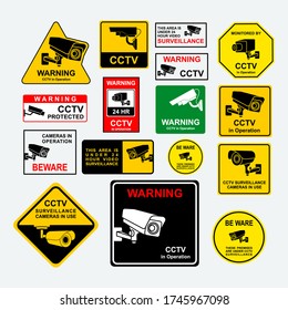 Sticker Collection warning of CCTV surveillance video security cameras. Vector illustration.