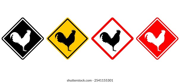 Sticker Collection of Warning Signs with Rooster Icon - Editable and Scalable Vector for Attention and Information Boards on White Background