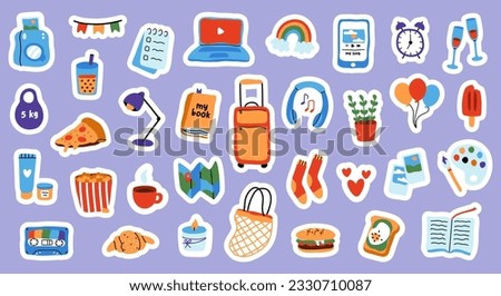 Sticker collection for weekly planner. Cute hand drawn pictures for diary decorating. Flat vector illustration.