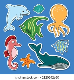 sticker collection of whales, dolphins, starfish, sea horses, fish, octopuses, shells free vector
