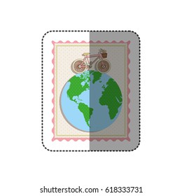 sticker color pastel frame with bicycle over the world map vector illustration