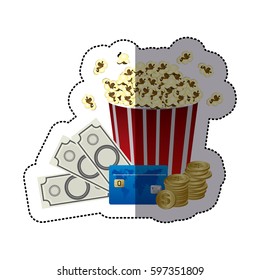 sticker color with popcorn cup with money and movie tickets vector illustration