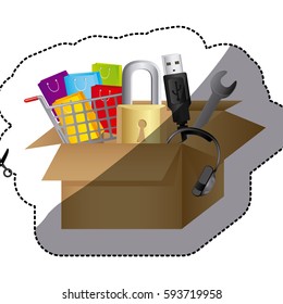 sticker color silhouette with box obsolete objects vector illustration