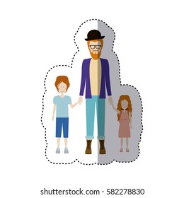 sticker color silhouette with kids and dad with beard and glasses and hat and redhead vector illustration