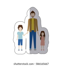 sticker color silhouette with kids and dad with jacket and mustache vector illustration