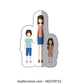 sticker color silhouette with kids and mom with skirt and shirt vector illustration