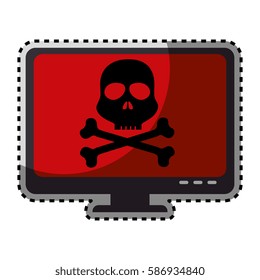 sticker color silhouette of lcd monitor with virus skull and bones on screen