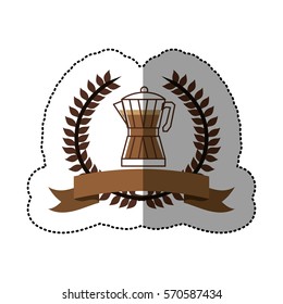 sticker color silhouette with olive crown with ribbon and glass jar of coffee with handle