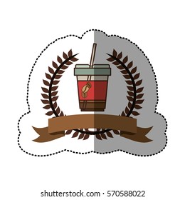 sticker color silhouette with olive crown with ribbon and disposable glass of cappuccino with straw