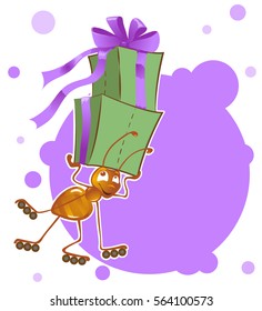 Sticker, colored card with an ant on roller skates with boxes, fast and fun to carry the goods, gifts for the holidays