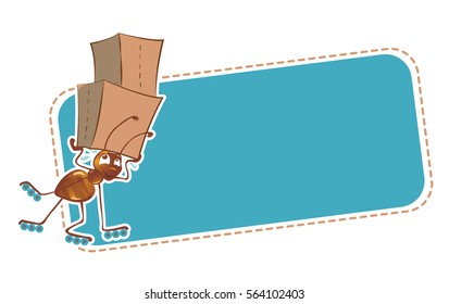 Sticker, colored card with an ant on roller skates with boxes, fast and fun to carry the goods