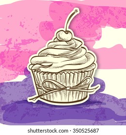 Sticker colorful cake with cherry, excellent vector illustration, EPS 10