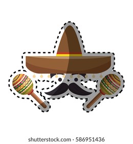 sticker colorful cartoon face with maraca and mexican hat