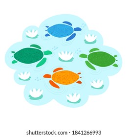 Sticker with colorful childish style turtles. Funny animals swimming in blue pond. Cool orange, blue, green animals. Childish illustration. Cute baby creatures and white water flowers or lilly.
