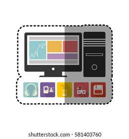 sticker colorful desktop computer with icon apps vector illustration