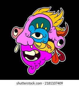 Sticker colorful doodle cartoon vector illustration. head, mask, evil, ghost and monster for logo mascot