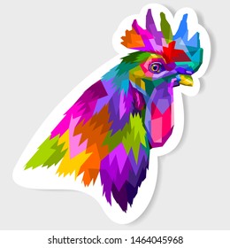 sticker of colorful head of rooster in pop art geometry style
