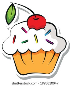 sticker colorful muffin with cream and cherry