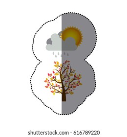 sticker colorful nature picture with autumn tree with rain and sun vector illustration