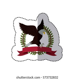 sticker colorful with olive crown with ribbon and eagle flying vector illustration