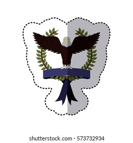 sticker colorful with olive crown with ribbon and eagle with open wings vector illustration