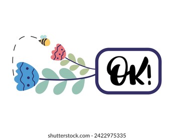 Sticker of colorful set. This cartoon design showcases the text ok against a soothing white backdrop, combining flowers elements with modern design aesthetics. Vector illustration.