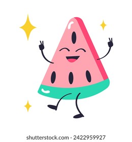 Sticker of colorful set. This charming watermelon sticker showcase a cute cartoon design and a white backdrop. Vector illustration.