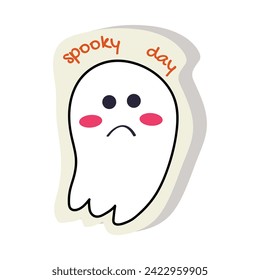 Sticker of colorful set. This cute sticker of sad ghost designed in a charming cartoon style on a clean white backdrop. Vector illustration.