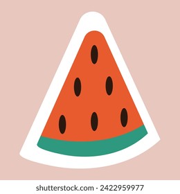 Sticker of colorful set. This delightful sticker showcase a beachy cartoon design of watermelon against a pastel background. Vector illustration.