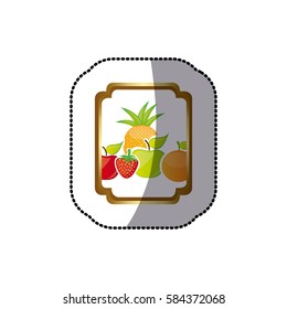 sticker colorful silhouette curved rectangle decorative heraldic frame with still life fruits vector illustration