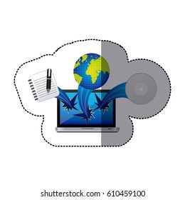 sticker colorful tech laptop broken with icons vector illustration