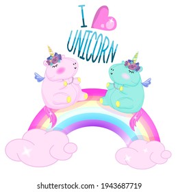 Composición pegajosa adorada con unicornios grasos multicolores sentados en un arco iris, la inscripción que amo a los unicornios. Unicornios divertidos