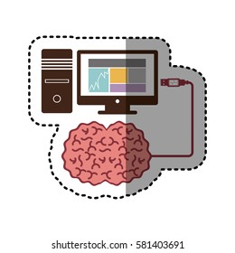 sticker computer desktop and usb connected to brain vector illustration