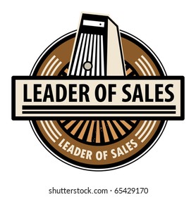 Sticker with the computer and word Leader of sales written inside, vector illustration