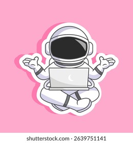 Sticker of Confused Astronaut with Laptop in Space Vector Illustration Cartoon Design