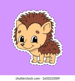 Sticker with contour. Cartoon character. Hedgehog animal. Colorful vector illustration. Isolated on color background. Template for your design.