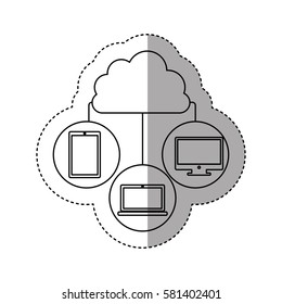 sticker contour cloud in cumulus shape connected to tech device vector illustration