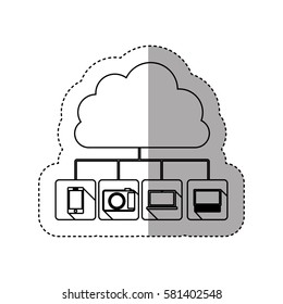 sticker contour cloud storage in cumulus shape connected to tech device vector illustration