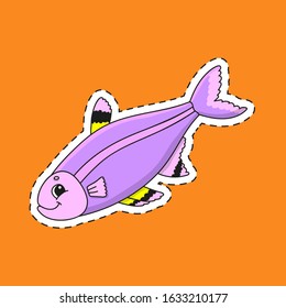 Sticker with contour. Fish. Cartoon character. Colorful vector illustration. Isolated on color background. Template for your design.