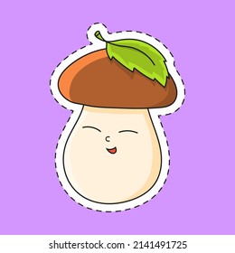 Sticker with contour mushroom . cartoon character. Colorful vector illustration. Isolated on color background. Template for your design.