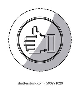 sticker contour of pixel thumb up inside on circular frame vector illustration