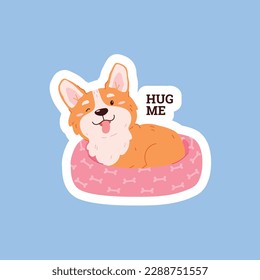 Sticker with Corgi dog and Hug me lettering, flat cartoon vector illustration isolated on blue background. Cute sticky label print design with corgi dog.