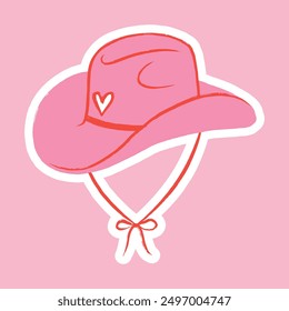 Sticker cowgirl hat pink with heart, modern illustration in vintage style, wild west hand drawn vector