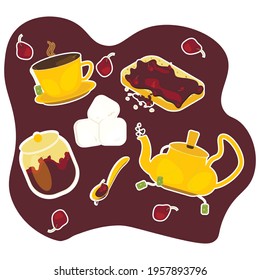sticker cozy set for tea cup saucer teapot toast with pasta jar of jam berries spoon sugar