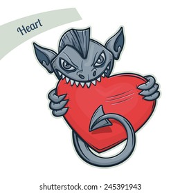 Sticker creature with a red heart in dark colors with a light stroke on a white background